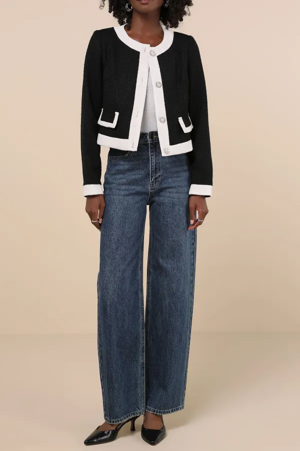Casual Style Black and White Color Block Tweed Jacket