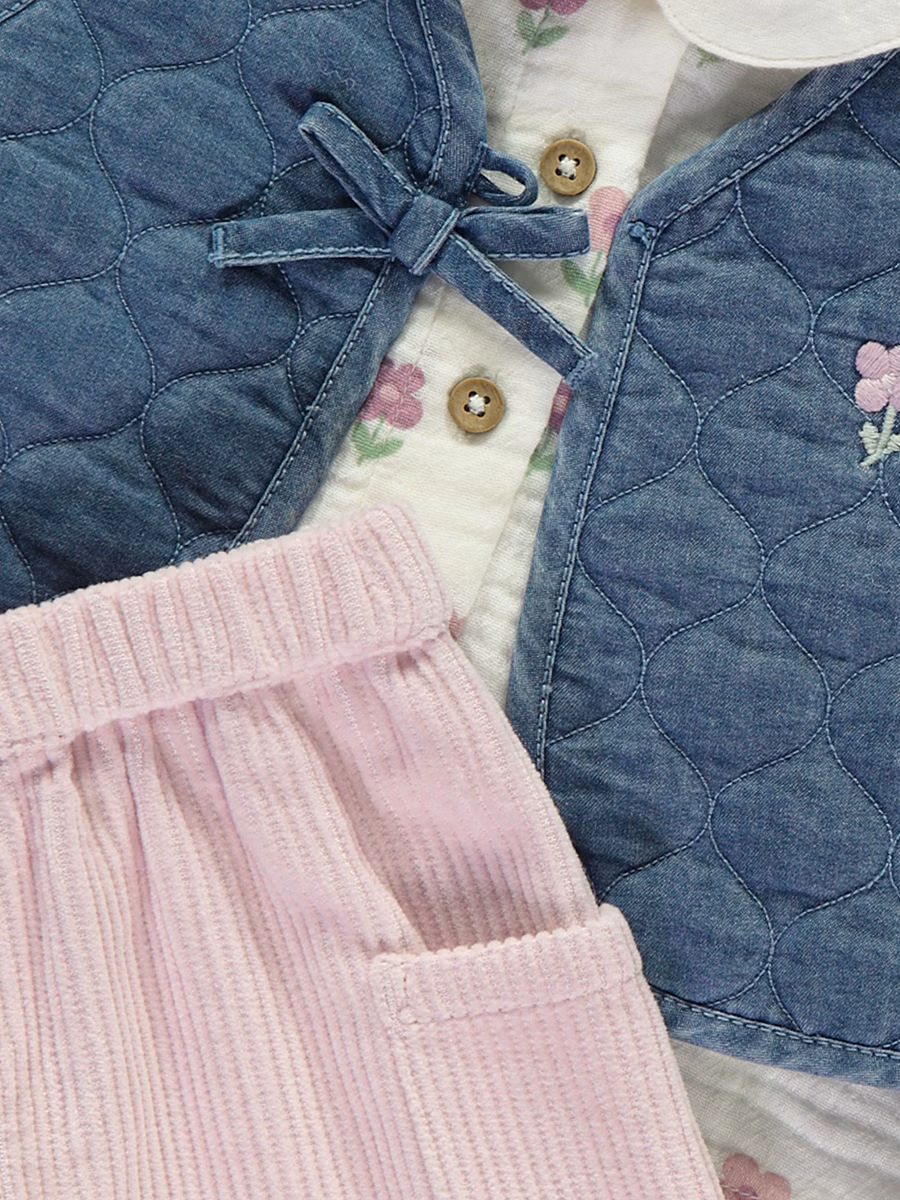 Navy Quilted Waistcoat Blouse and Trousers Outfit detail 1