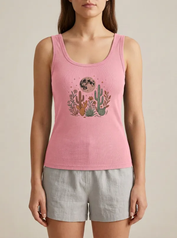 Western Cactus Moon Built-In Bra Tank Top