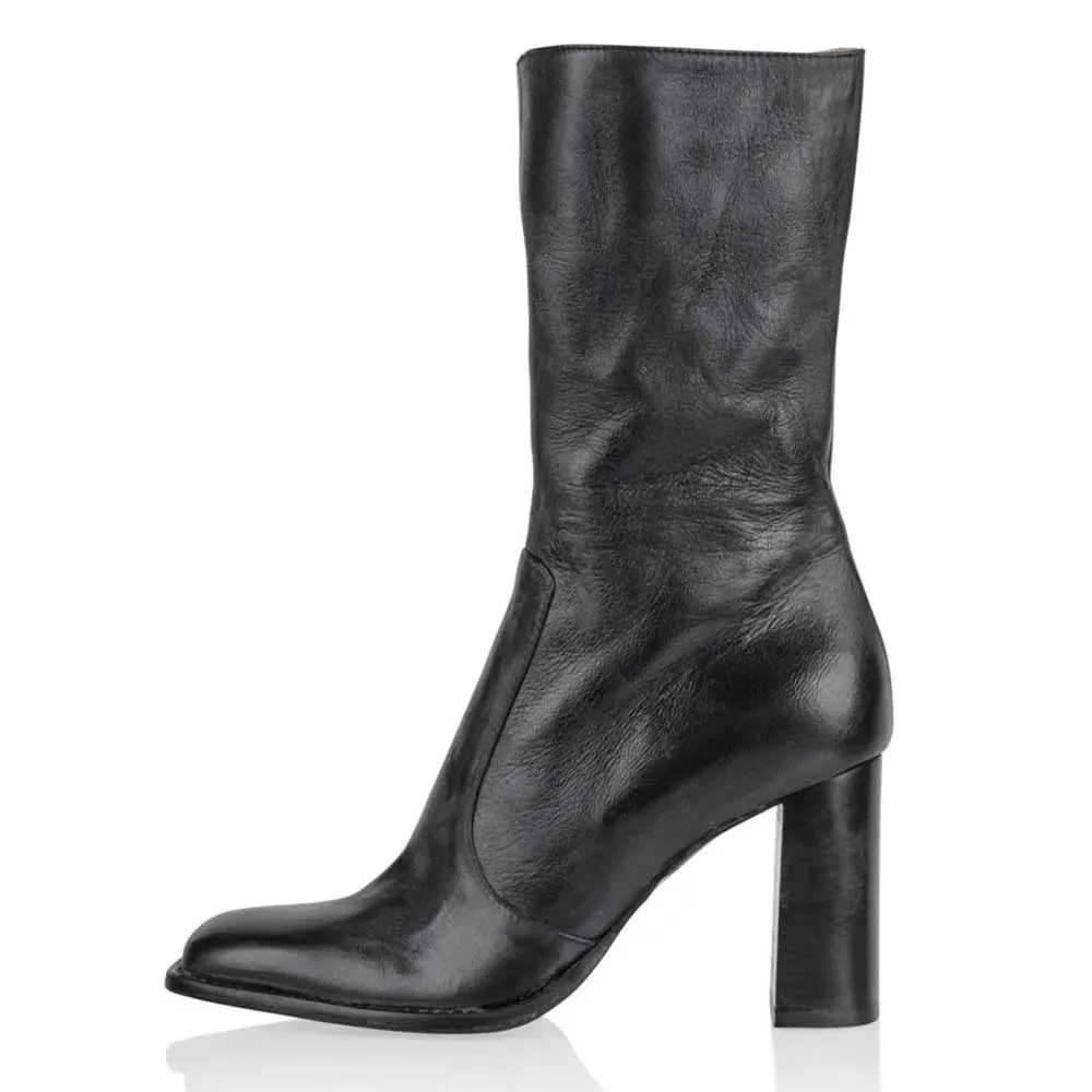Faux-Leather Pull-On Square-Toe Chunky-Heel Mid-Calf Boots