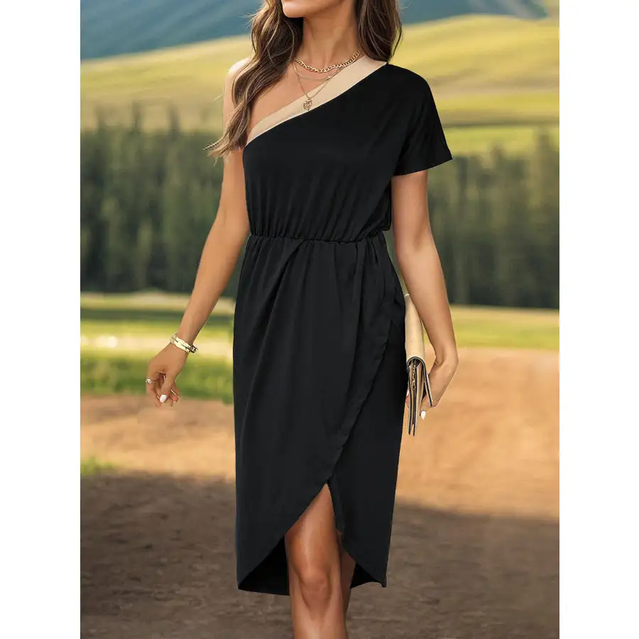Slit Single Shoulder Short Sleeve Midi Dress