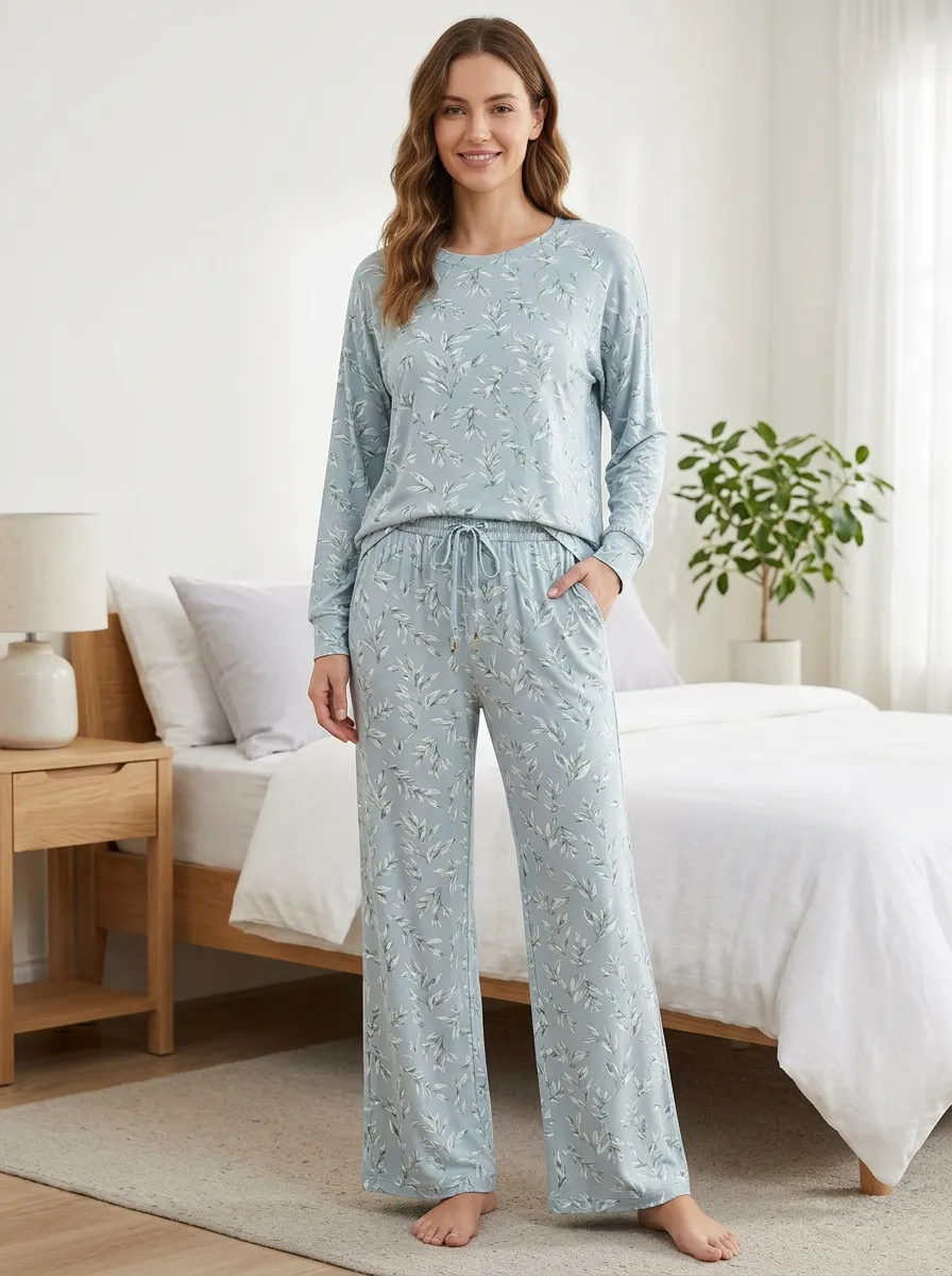 Women's Printed Pajama Set with Botanical Leaf Crew Neck Long Sleeve Short Sleeve Wide-Leg Pants