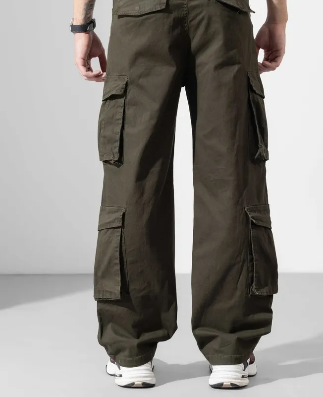 Olive Green Multi-Pocket Cargo Pants with Belt Loops