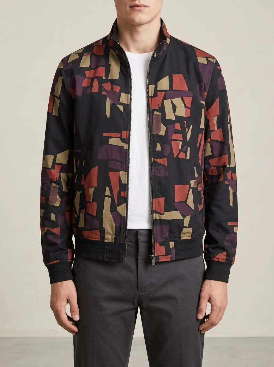 Geometric Print Stand Collar Sleeve Detail Bomber Jacket