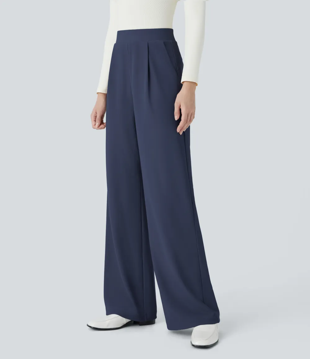  High Waisted Body Sculpt Waist-Slimming Side Pocket Wide Leg Micro Waffle Work Pants