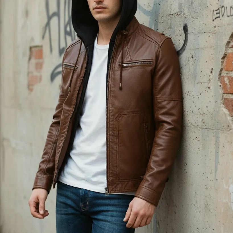 Classic Leather Biker Hooded Multi Pocket Jacket