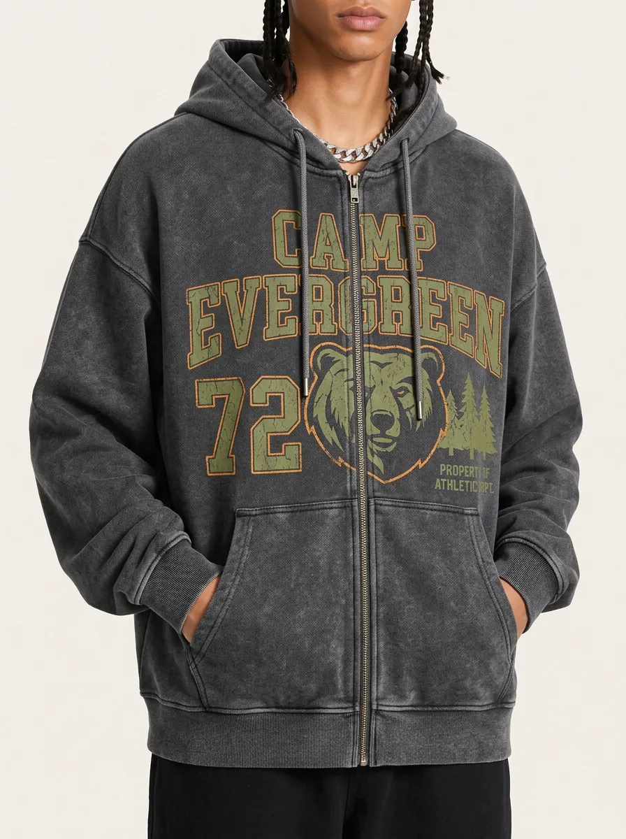 Men's Camp Evergreen Bear 72 Graphic Printed Zip-up Hoodie