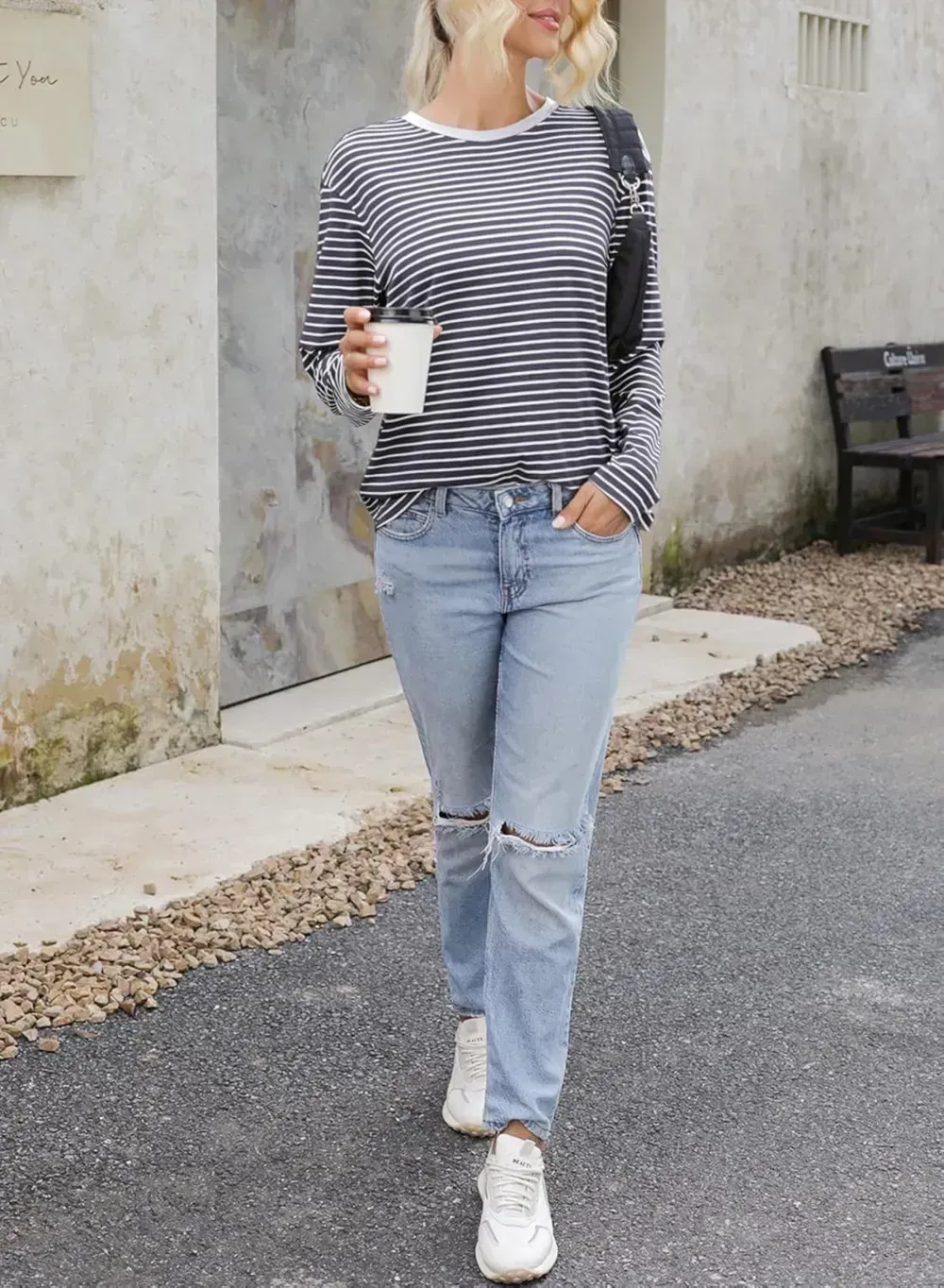 Dokotoo Women's Casual Striped Long Sleeve Tops Crew Neck Knit Ribbed Basic T Shirts