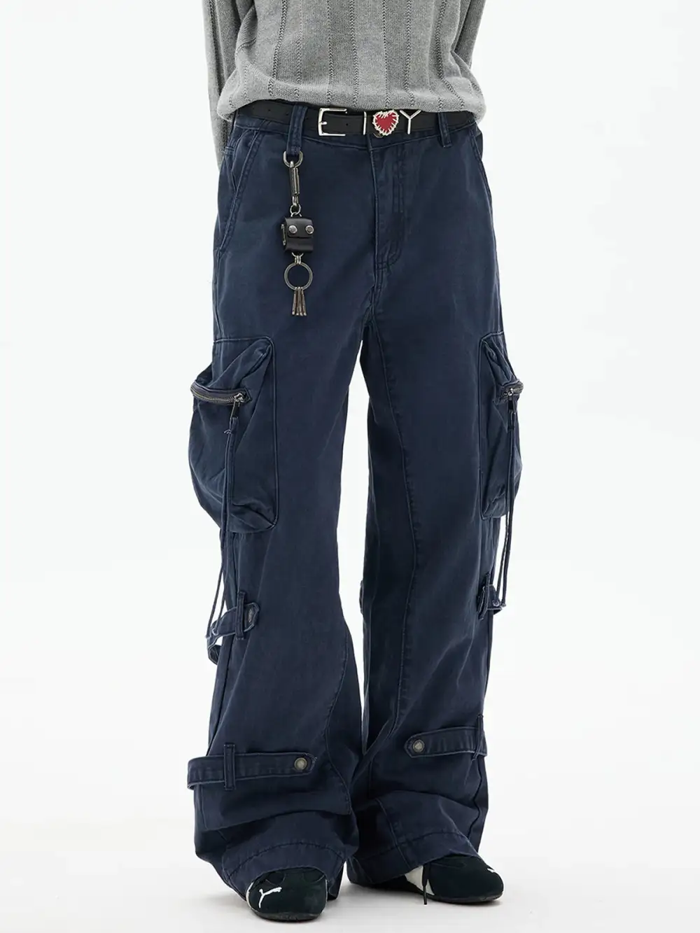 Wide-Leg Zipper-Detail Denim Pants