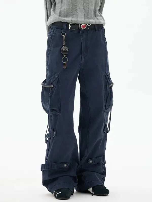 Wide-Leg Zipper-Detail Denim Pants