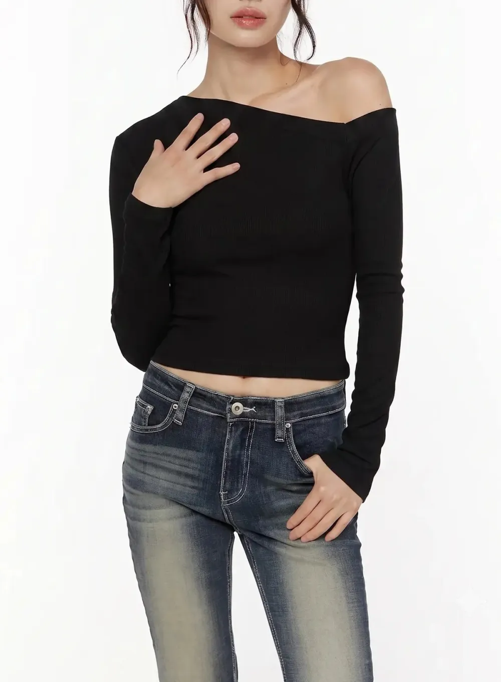 Asymmetric Off-The-Shoulder Crop Long Sleeve
