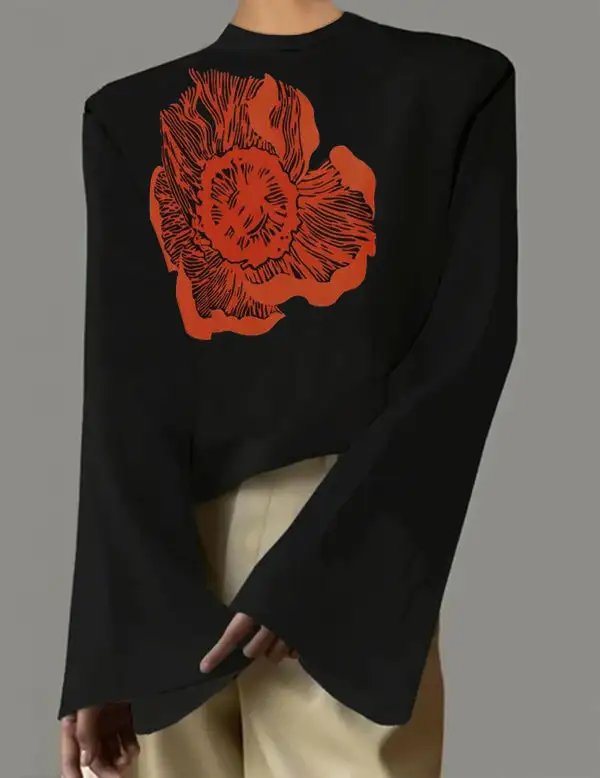 Flared Sleeve Long Sleeve Floral Print Round Neck T-Shirt