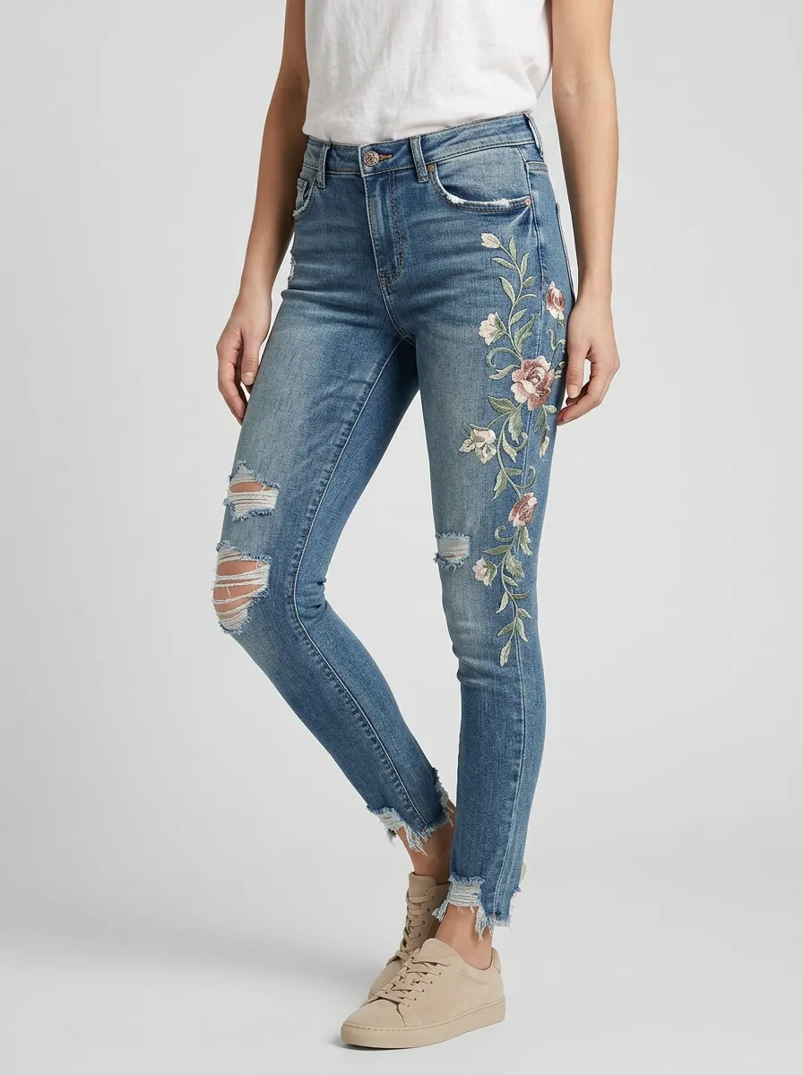 Women's Floral Rose Embroidered Ripped Graphic Slim Jeans
