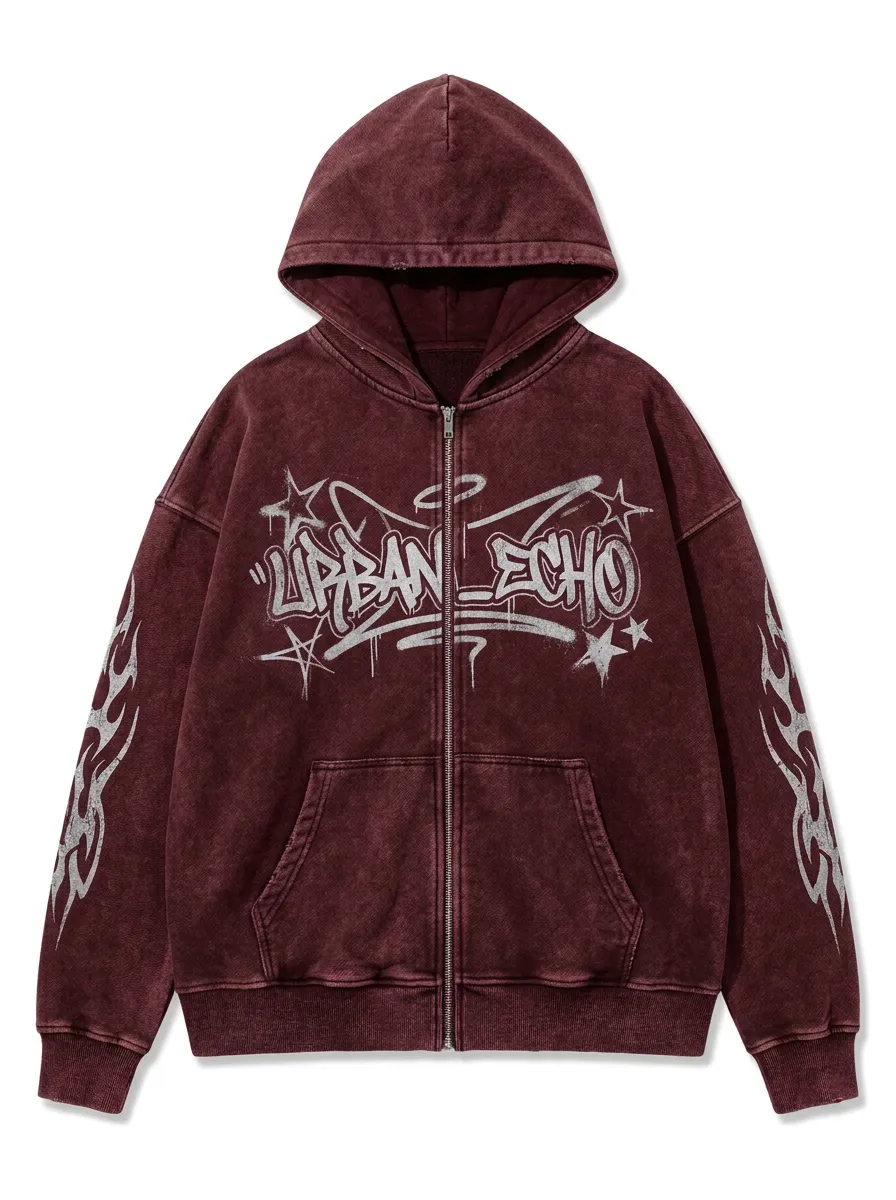 Unisex Streetwear Urban Echo Graffiti Star Flame Printed Zip-up Hoodie