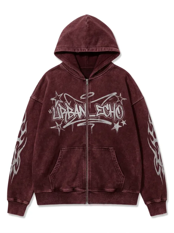 Unisex Streetwear Urban Echo Graffiti Star Flame Printed Zip-up Hoodie