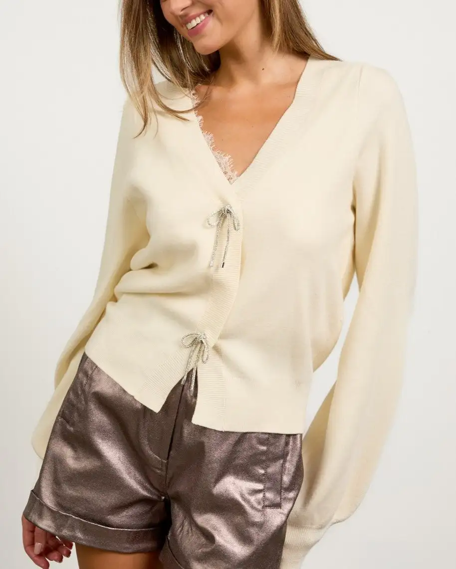 Ribbon Trim Puff Sleeve Cardigan