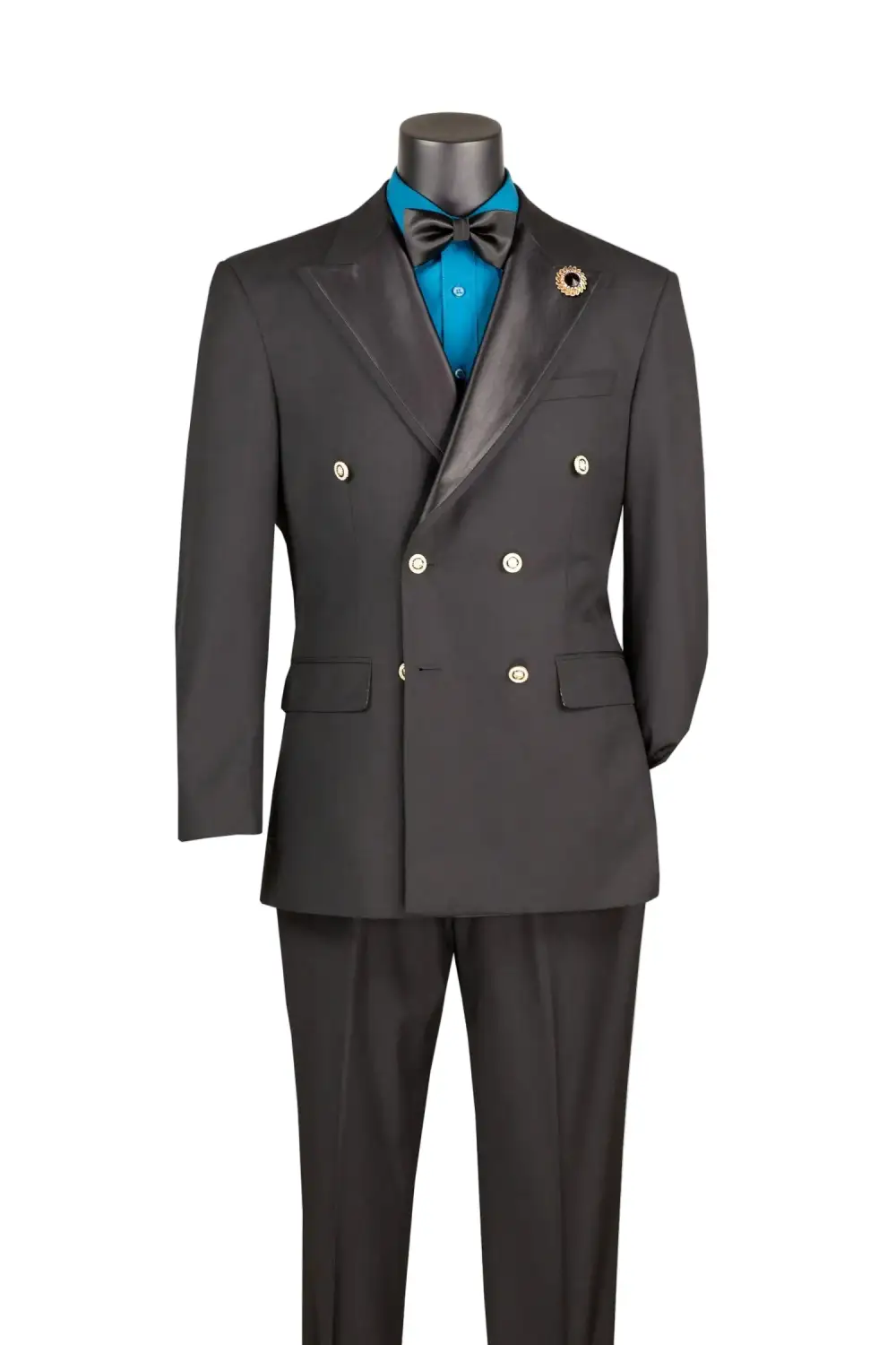 Black Modern Fit Satin Double Breasted Peak Lapel Side Vents Blazer