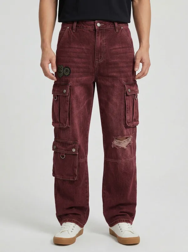 Men's Military Badge Distressed Washed Denim Cargo Jeans