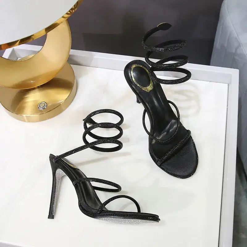 Satin Rhinestone Wraparound Pumps