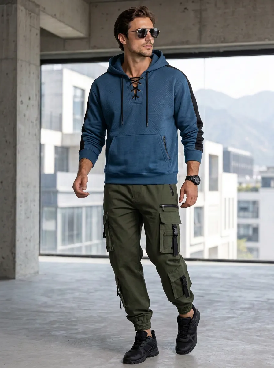 Urban Lace-Up Multi Pocket Collection Men's Lace Up Hoodie And Cargo Jogger Set