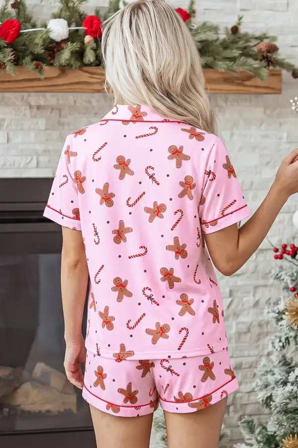 Women's Short Sleeve Placket Shell Button Elastic Waist Lounge Set