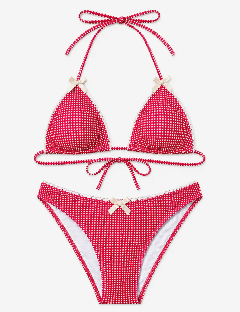 Gingham Bow Halter Triangle Piece Bikini Set