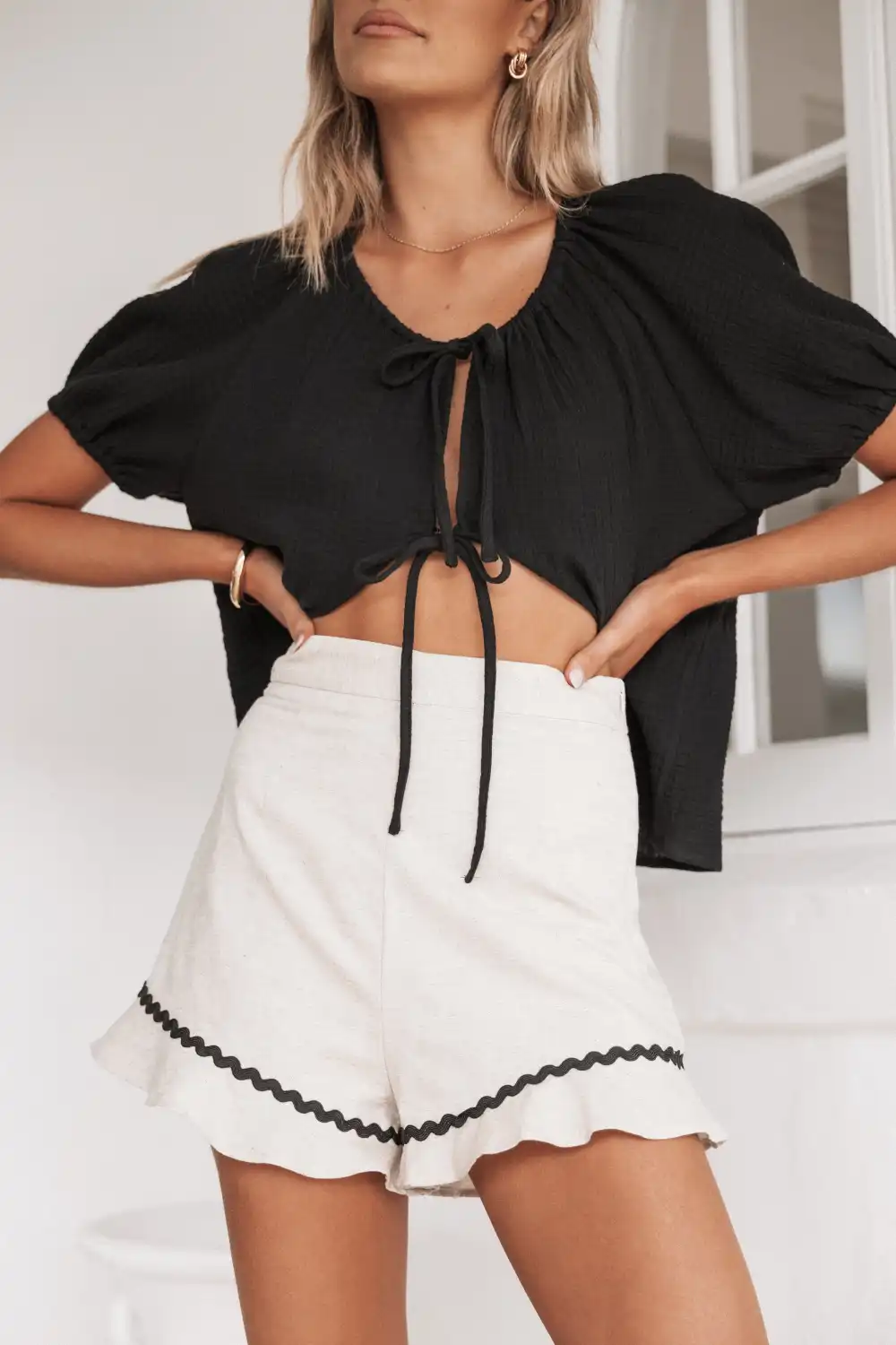 Linen Blend Ruffle Trim Casual Shorts