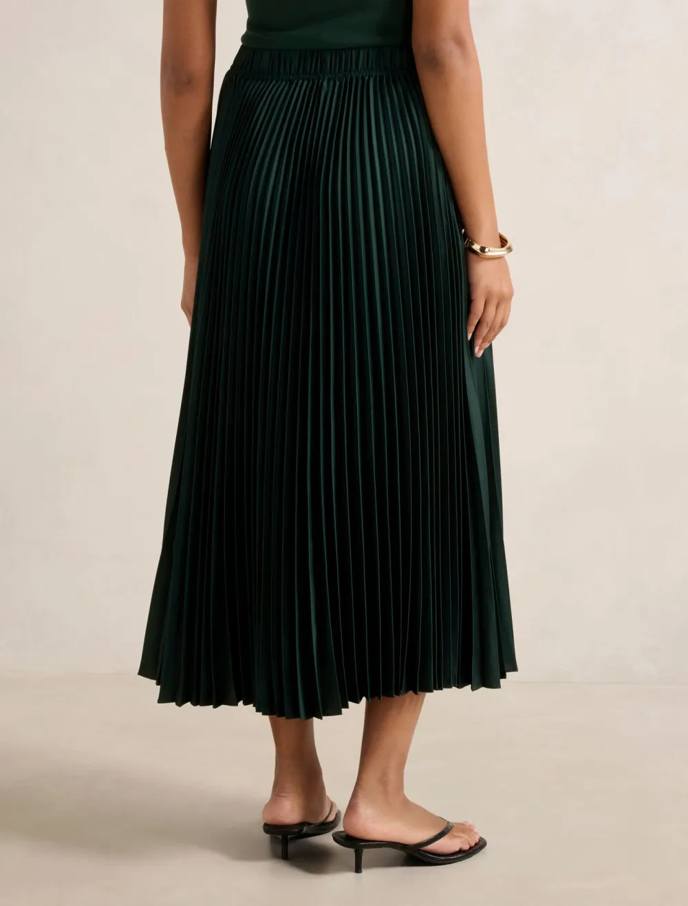 Dark Green Satin Pleated Midi Skirt