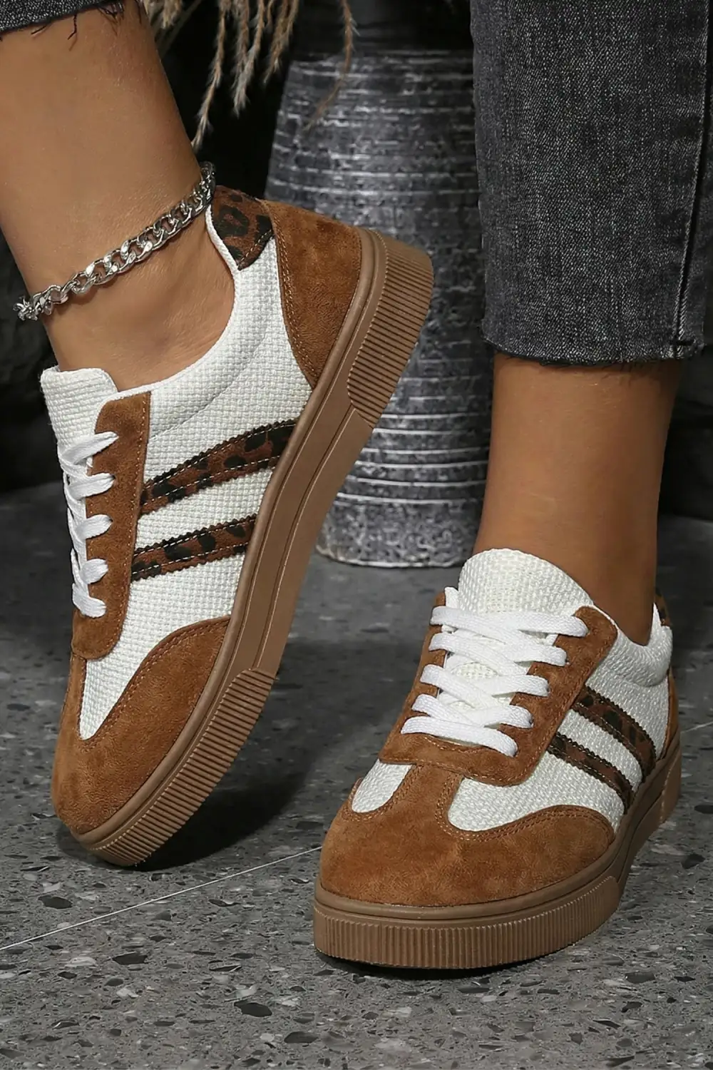 Textured Leopard Leather Woven Patchwork Casual Sneakers