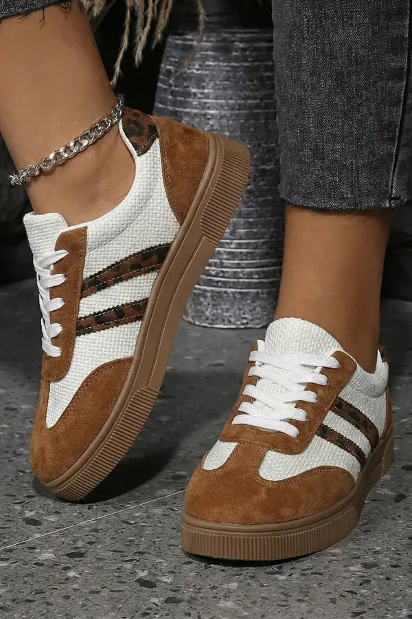 Textured Leopard Leather Woven Patchwork Casual Sneakers