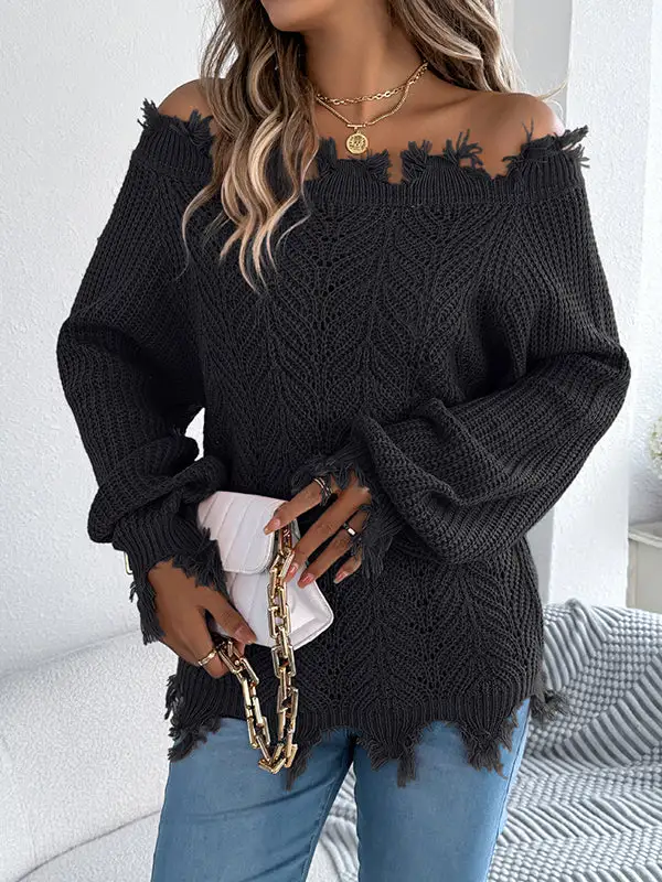 Ribbed Openwork Sheer Detail Off Shoulder Long Sleeve Sweater