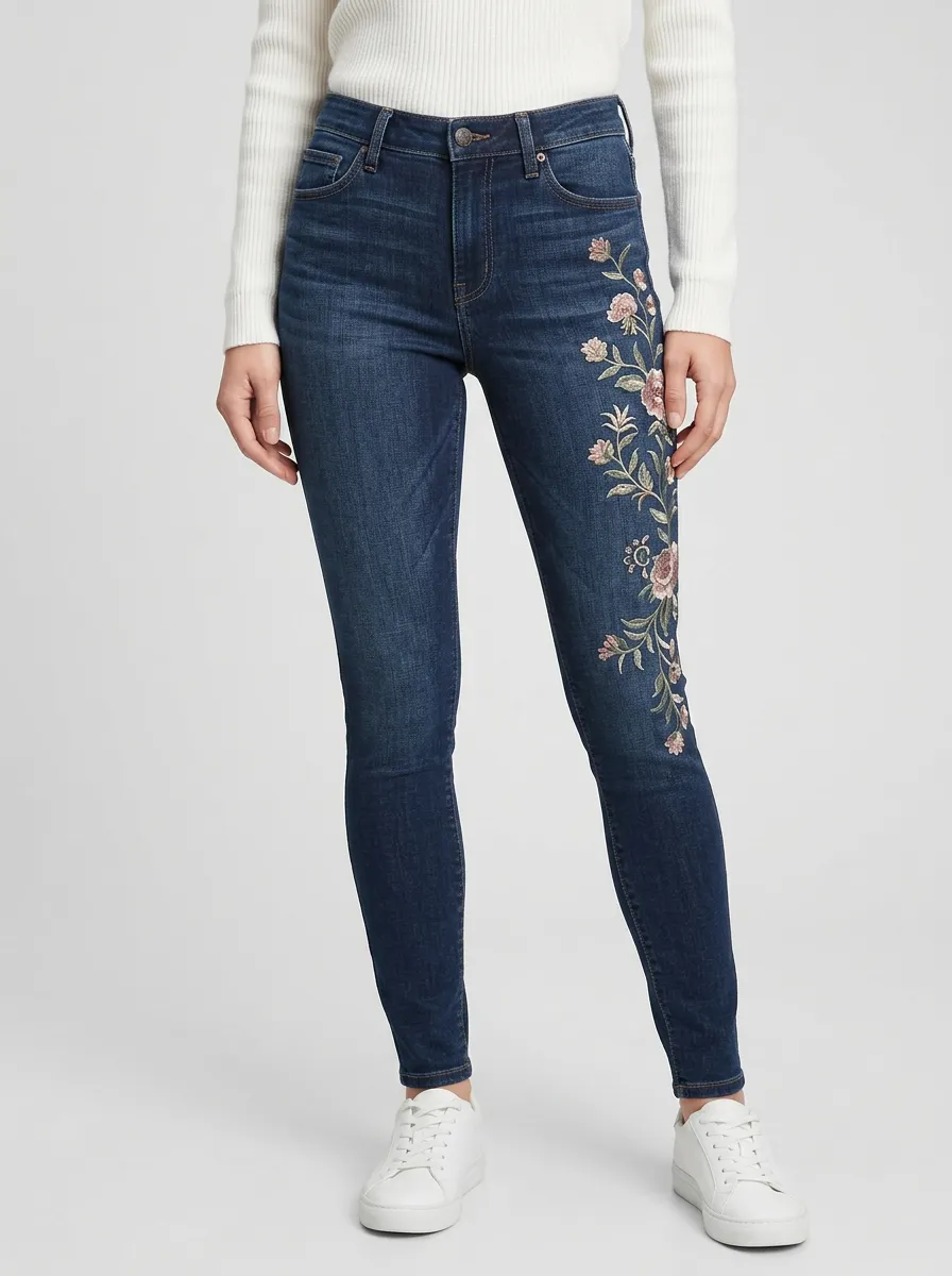 Women's Floral Vintage Rose Embroidered Graphic Slim Jeans