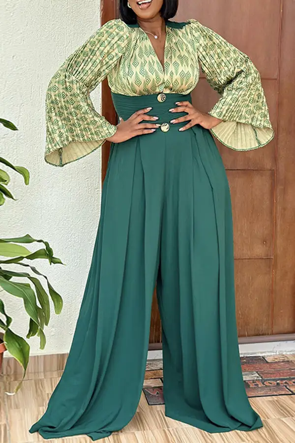Geometric Print Wide-Leg Bell Sleeve Jumpsuit