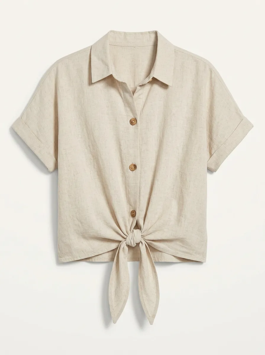 Women's Button-Down Shirt Casual Beige Linen-Blend Tie-Front