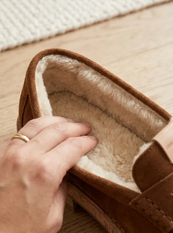 Women's Faux Fur Lined Winter Suede Wood Sole Loafers