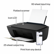 Printer feature diagram showing scanner, LCD, input and output trays