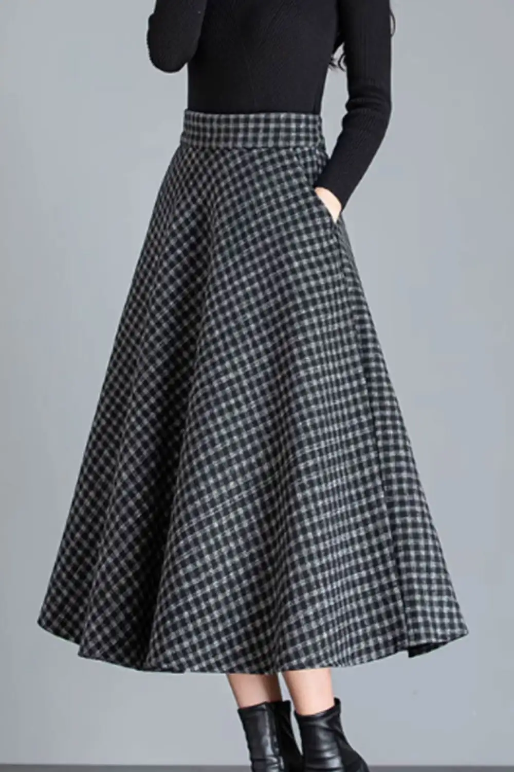 Checkered Wool Blend A Line Elastic Waist Midi Skirt