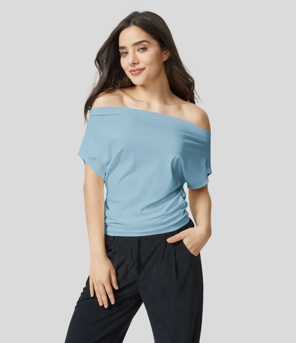 Off Shoulder Short Sleeve Ruched Casual Cotton Top