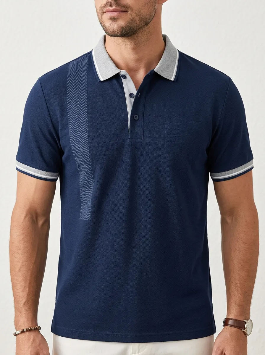 Men's Classic Comfort Herringbone Knit Printed Polo Shirt