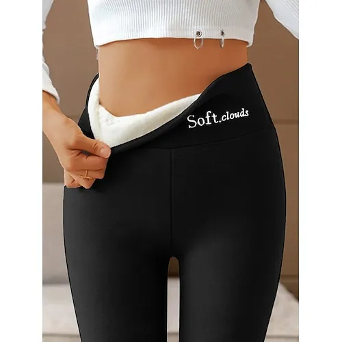 Women's Fleece Lined Leggings Leggings Cozy Fleece Lined Fashion Comfort Full Length High Waist Letter Patchwork Thermal Warm Soft Breathable Micro-elastic Casual Daily Outdoor Black Gray Fall Winter