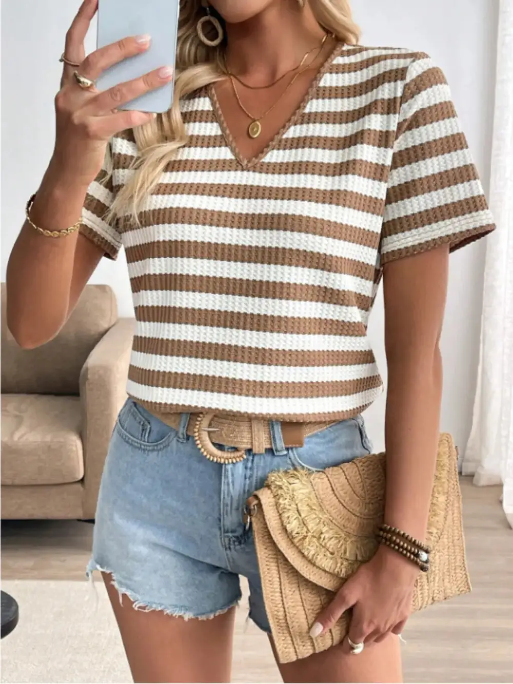 V-Neck Short-Sleeve Knit Striped T-Shirt