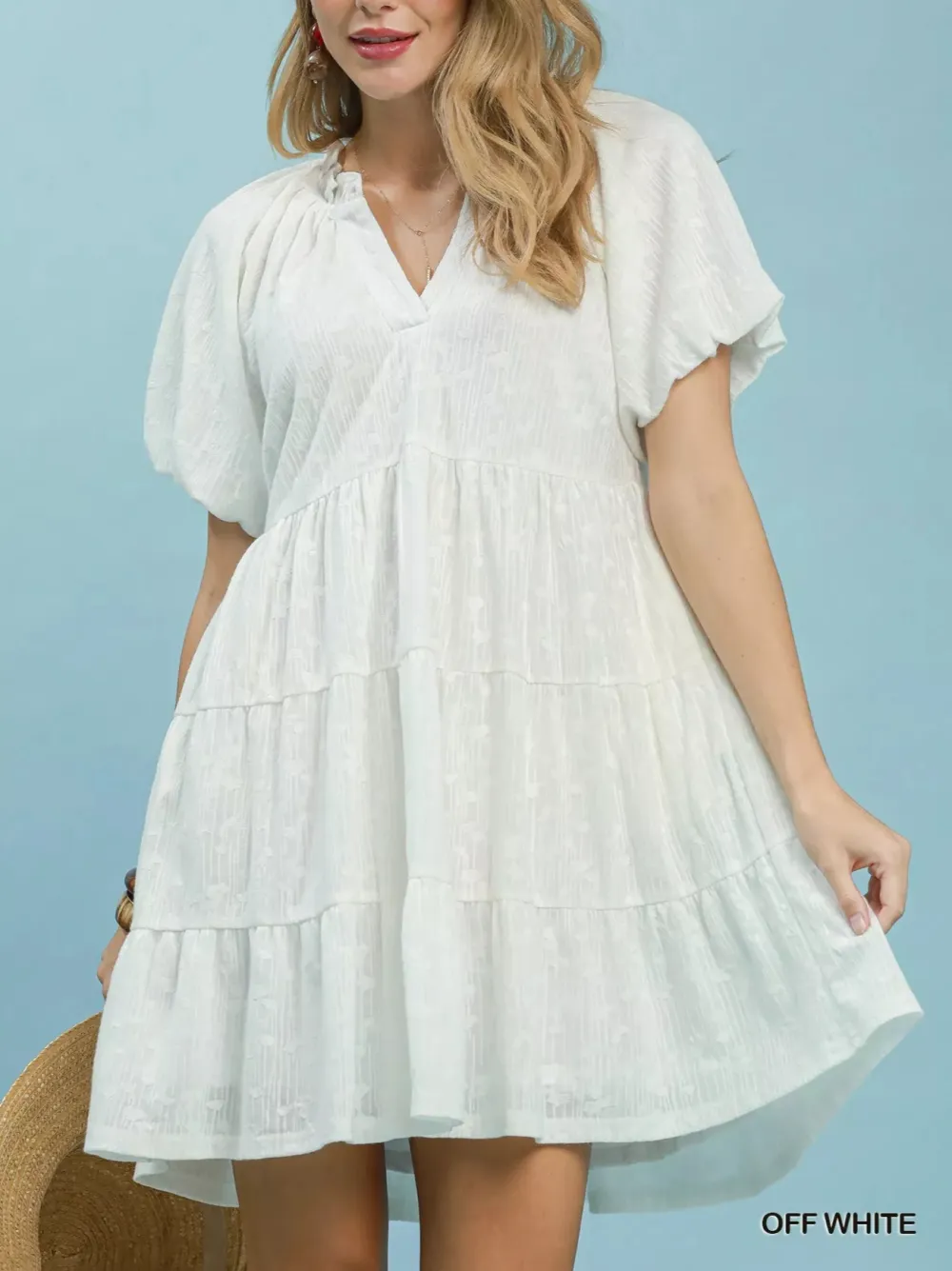 V-Neck Puff Sleeve Tiered Pocketed Mini Dress