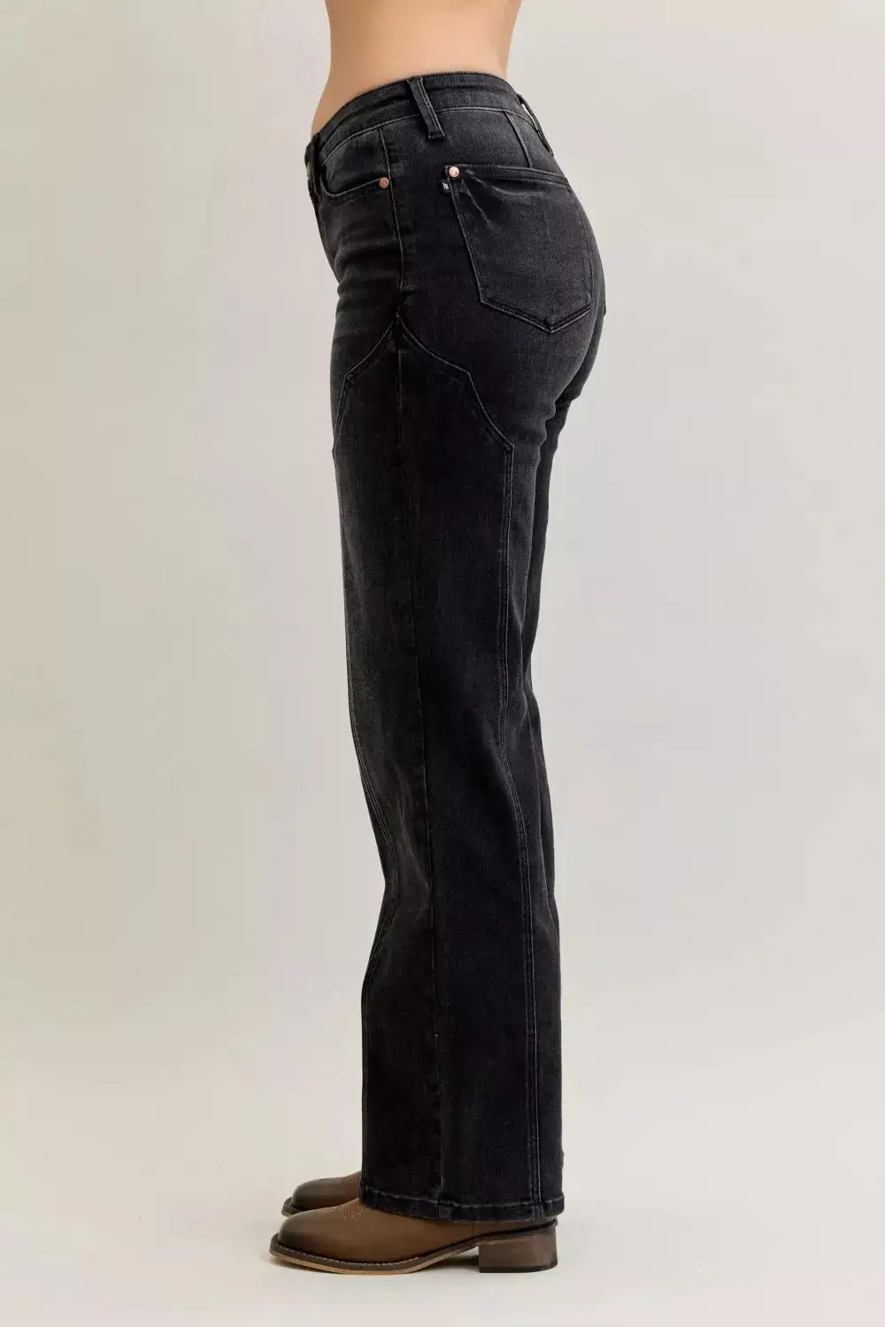 Mid Rise Straight Leg Seam Denim Jeans