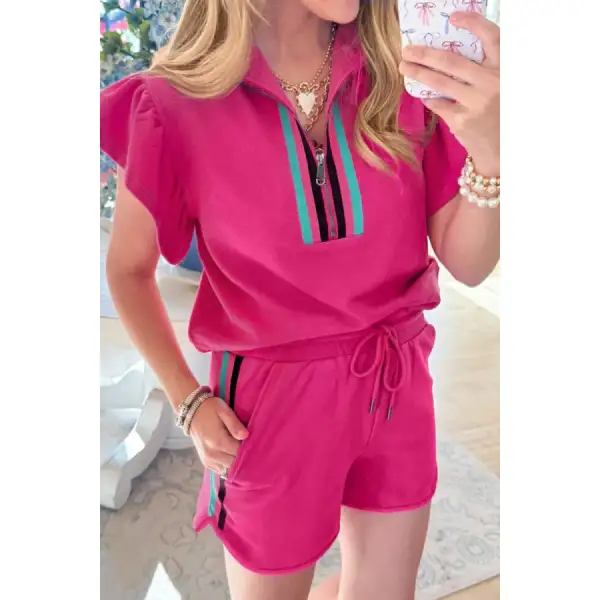 Striped Detail Flutter Sleeve Zipped Collar Top and Short Set