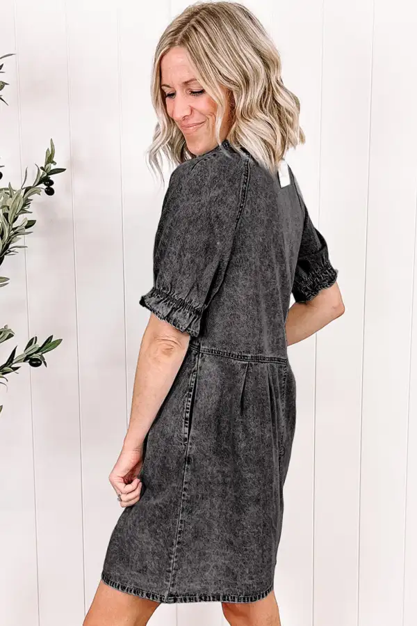Medium Mineral Wash Ruffled Short Sleeve Buttoned Denim Dress