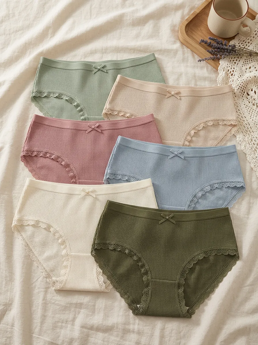 Women's Bow Detail Waffle Knit Lace Trim 6-Pack Underwear Set