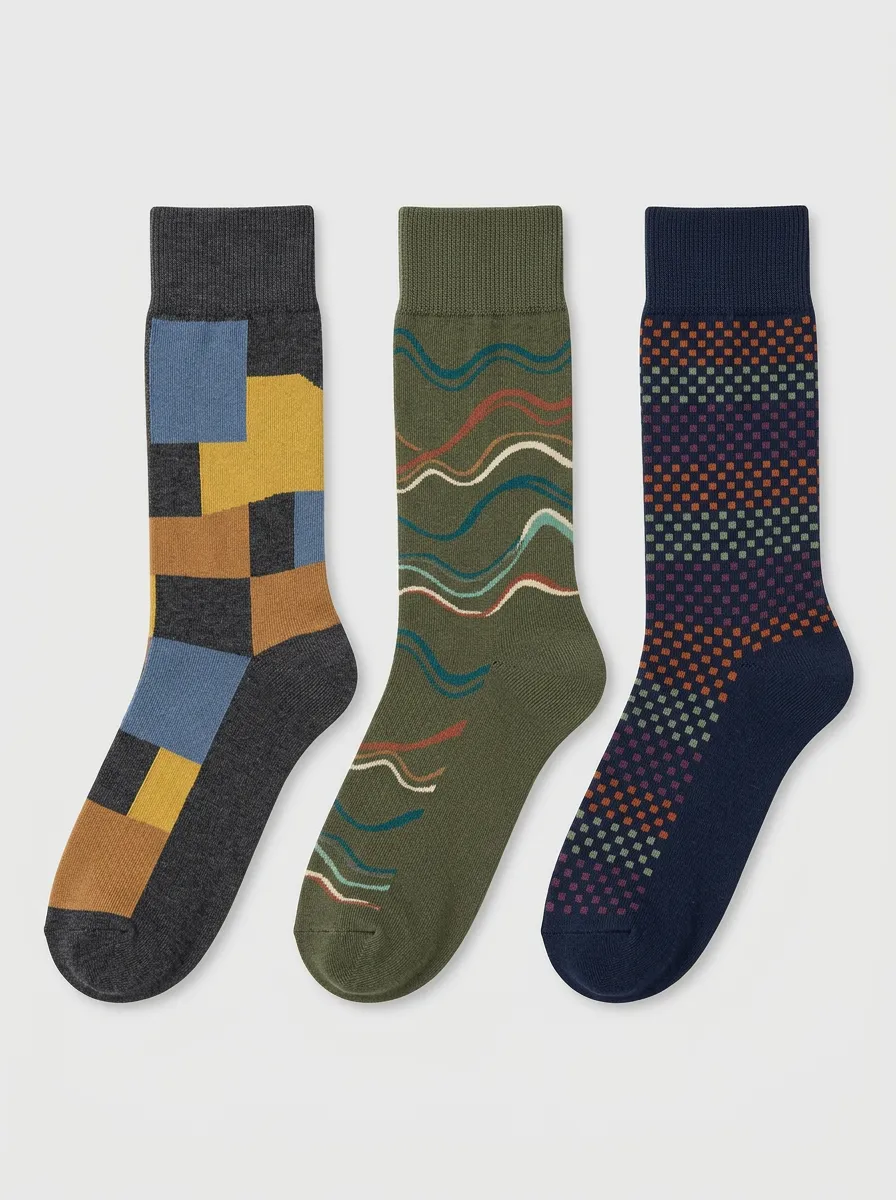 Men's Wave Pattern Grid Pattern Patterned Sock Trio