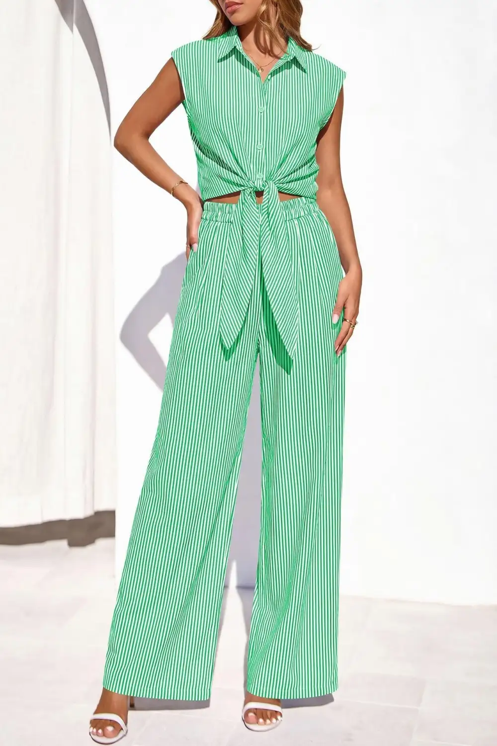 Wide-Leg Sleeveless Striped Women's Matching Set