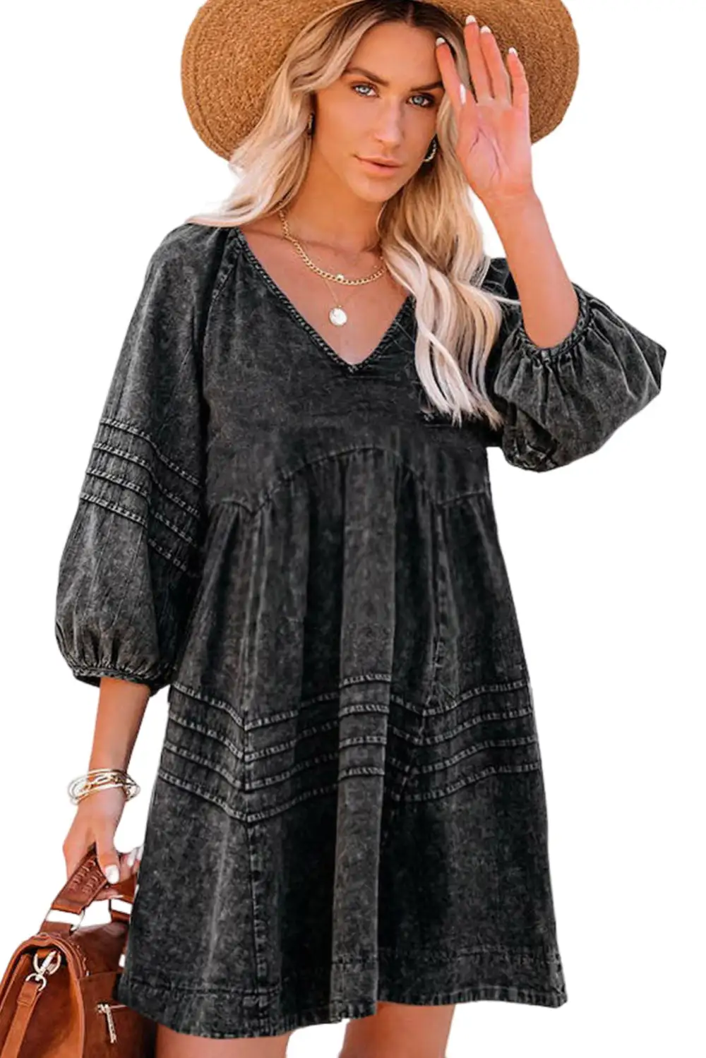 Pleated V Neck Puff Sleeve Denim Babydoll Dress