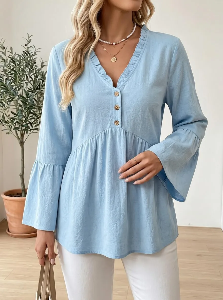 V-Neck Button Down Ruffle Bell Sleeve Blouse